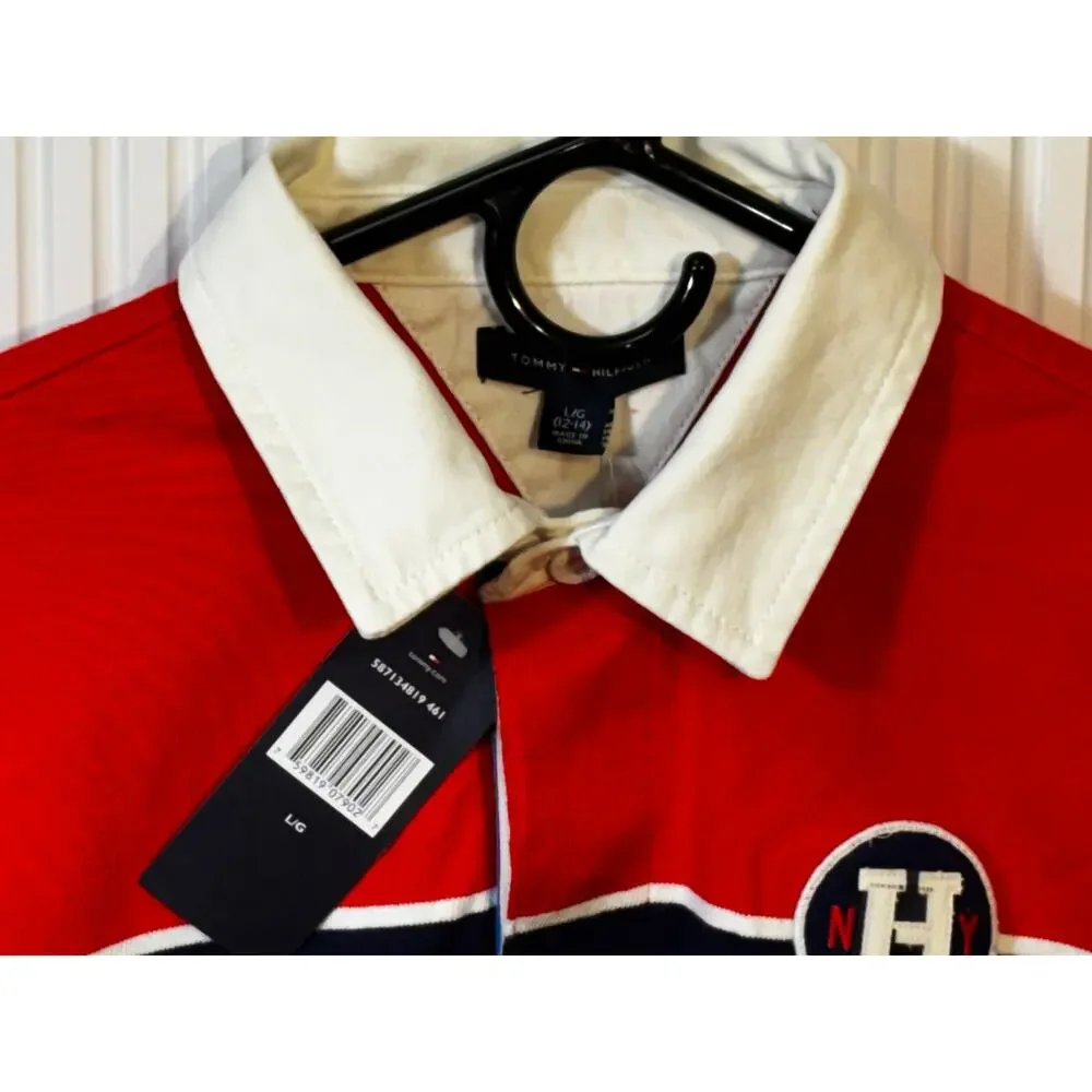 NWT  Tommy Hilfiger Boys L 12-14 Box-Kick Rugby Polo Colorblock Red  Blue2015